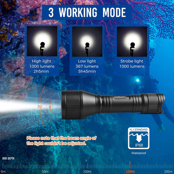 ORCATORCH D550 Scuba Diving Flashlight 1000-Lumen Underwater Light with Strobe IP68 Waterproof Torch